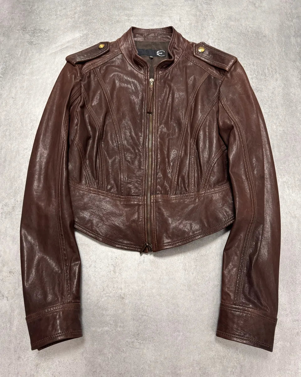 FW2011 Cavalli Cropped Brown Leather Jacket (S/M) Azlwupo 0