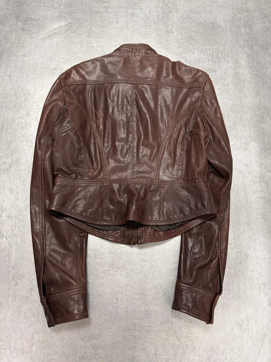 FW2011 Cavalli Cropped Brown Leather Jacket (S/M) Azlwupo 4