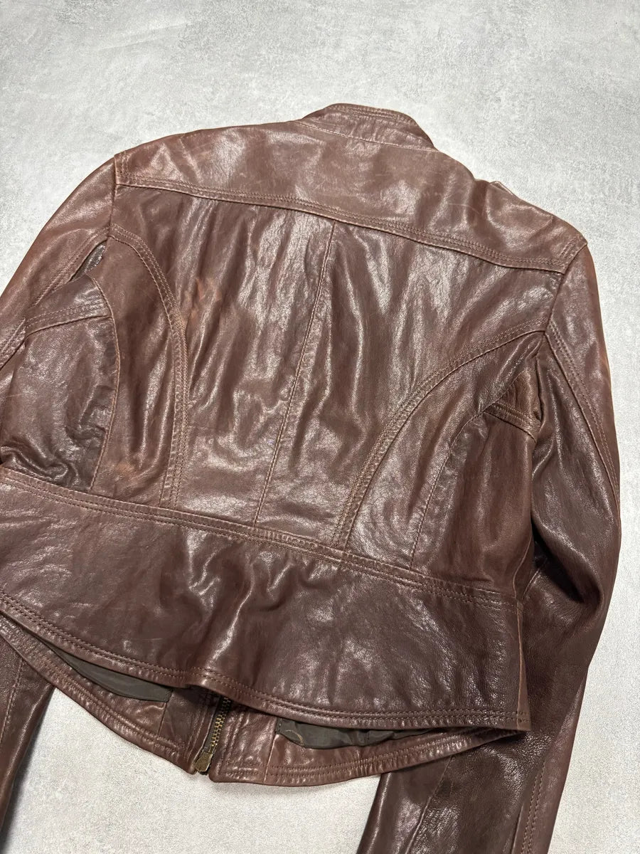 FW2011 Cavalli Cropped Brown Leather Jacket Azlwupo 5