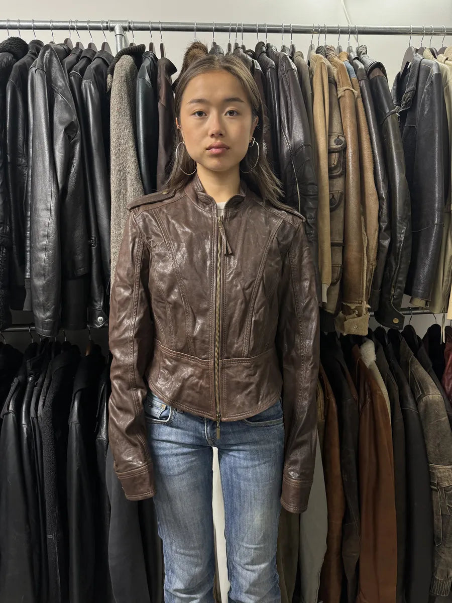 FW2011 Cavalli Cropped Brown Leather Jacket (S/M) Azlwupo 2