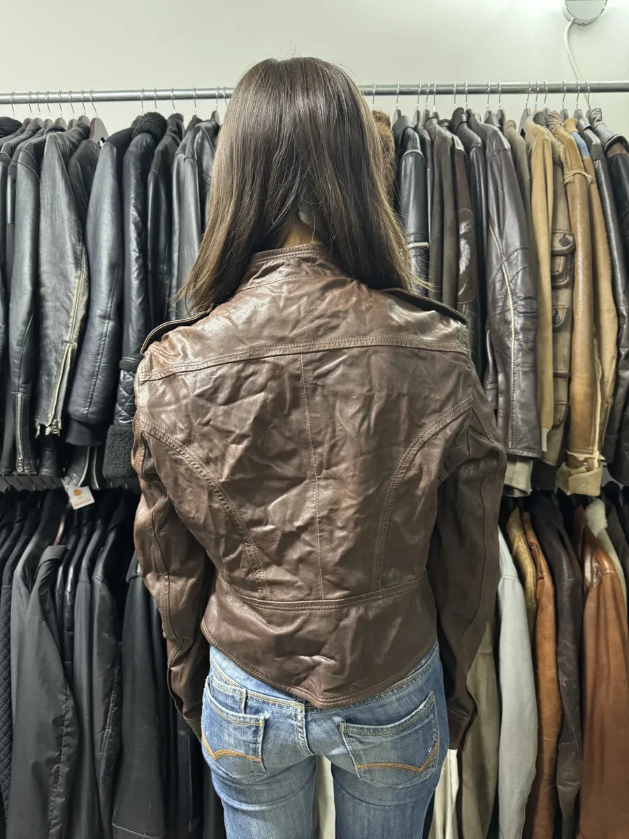 FW2011 Cavalli Cropped Brown Leather Jacket Azlwupo 3