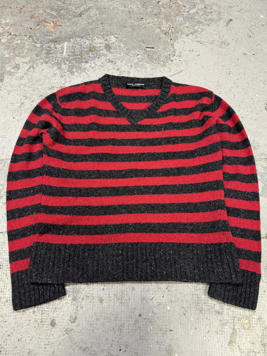 FW2011 Dolce & Gabbana Grey & Red Lines V-Neck Sweater ZFPeOXs 0