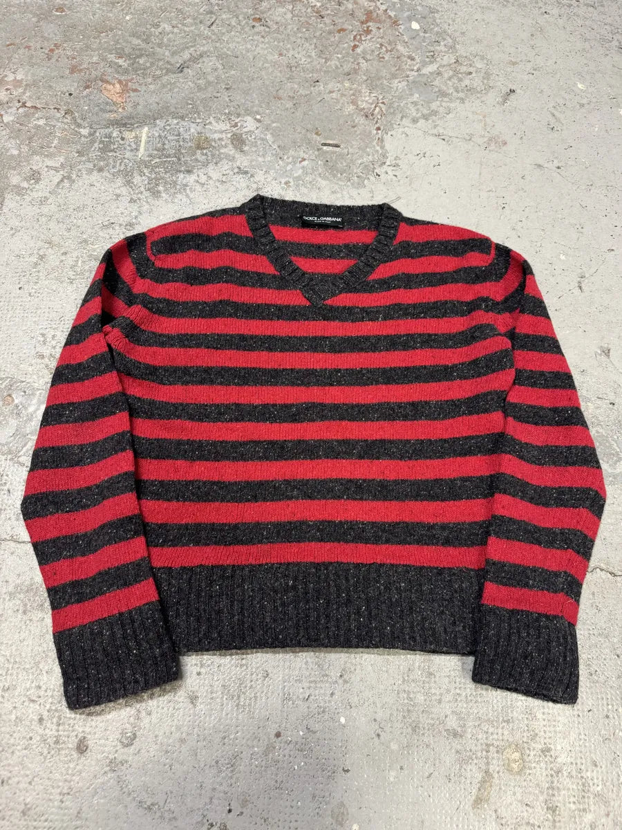 FW2011 Dolce & Gabbana Grey & Red Lines V-Neck Sweater ZFPeOXs 3