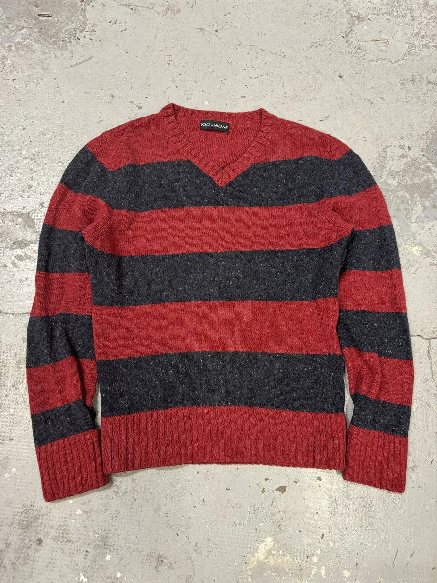 FW2011 Dolce & Gabbana Red & Grey Striped V Neck Sweater MRpazhE 0