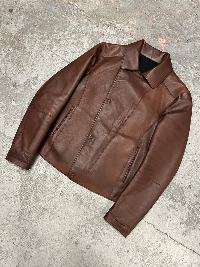FW2011 Emporio Armani Imperial Asymmetrical Brown Leather Jacket (M/L) BWolekC 3