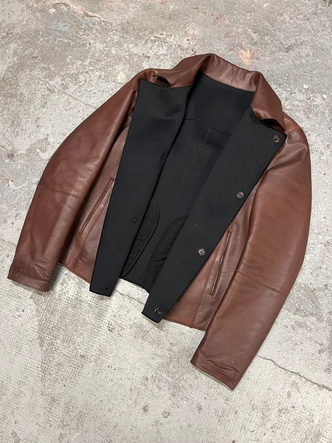 FW2011 Emporio Armani Imperial Asymmetrical Brown Leather Jacket (M/L) BWolekC 4