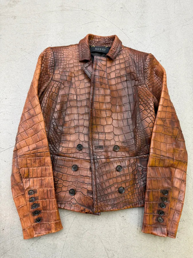 FW2011 Gucci Alligator Brown Premium Leather Jacket by Frida Giannini tCnQeze 9