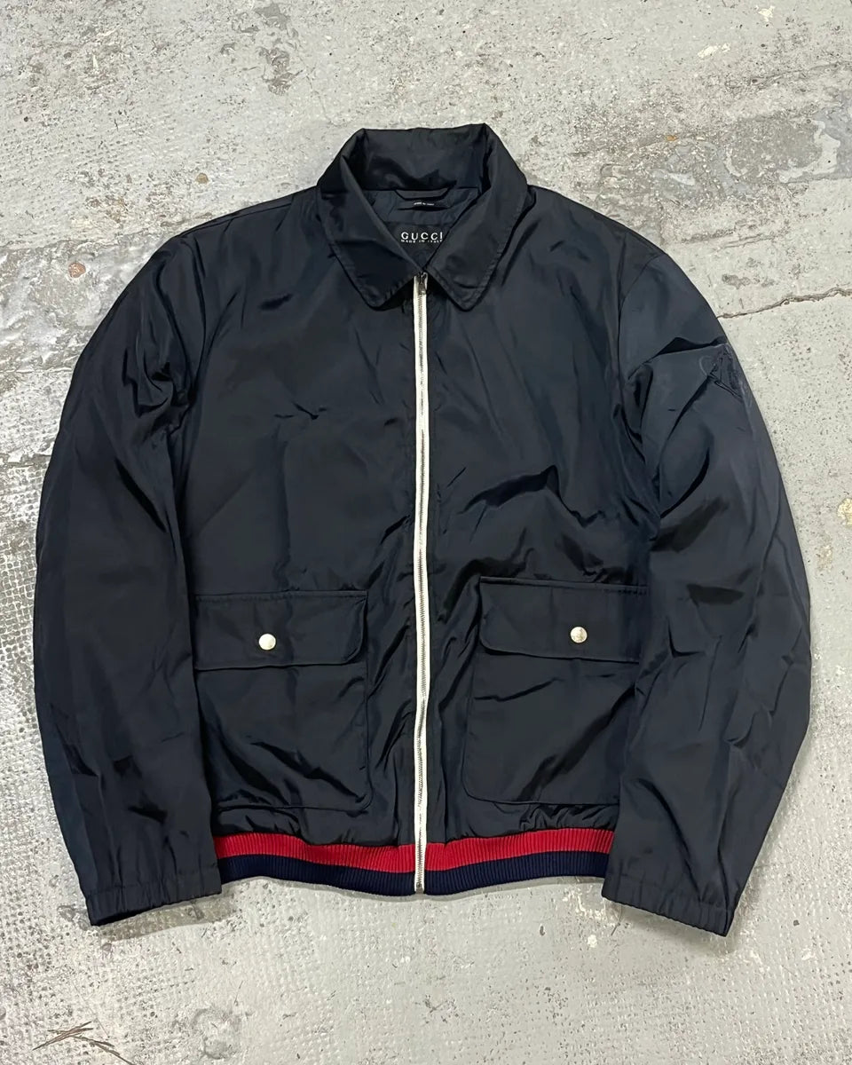 FW2011 Gucci Navy Nylon Web Stripe Bomber Jacket  GVyprNk 0