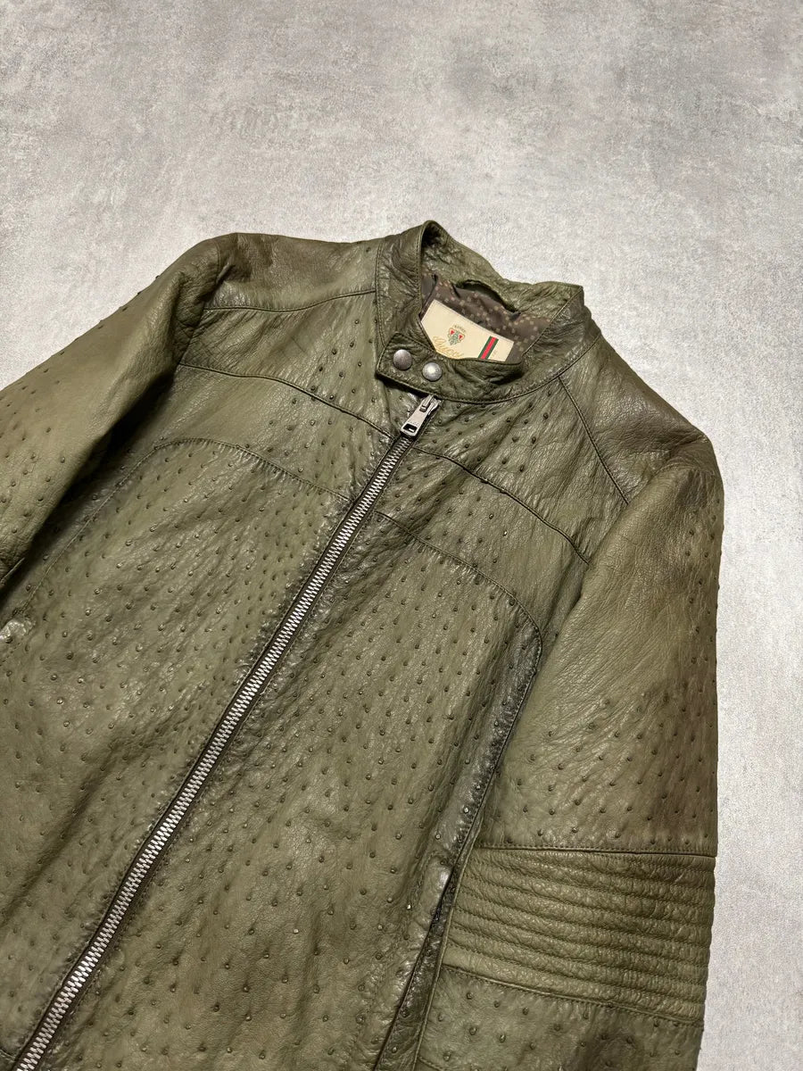 FW2011 Gucci Olive Ostrich Leather Biker Jacket rwqxOxy 1