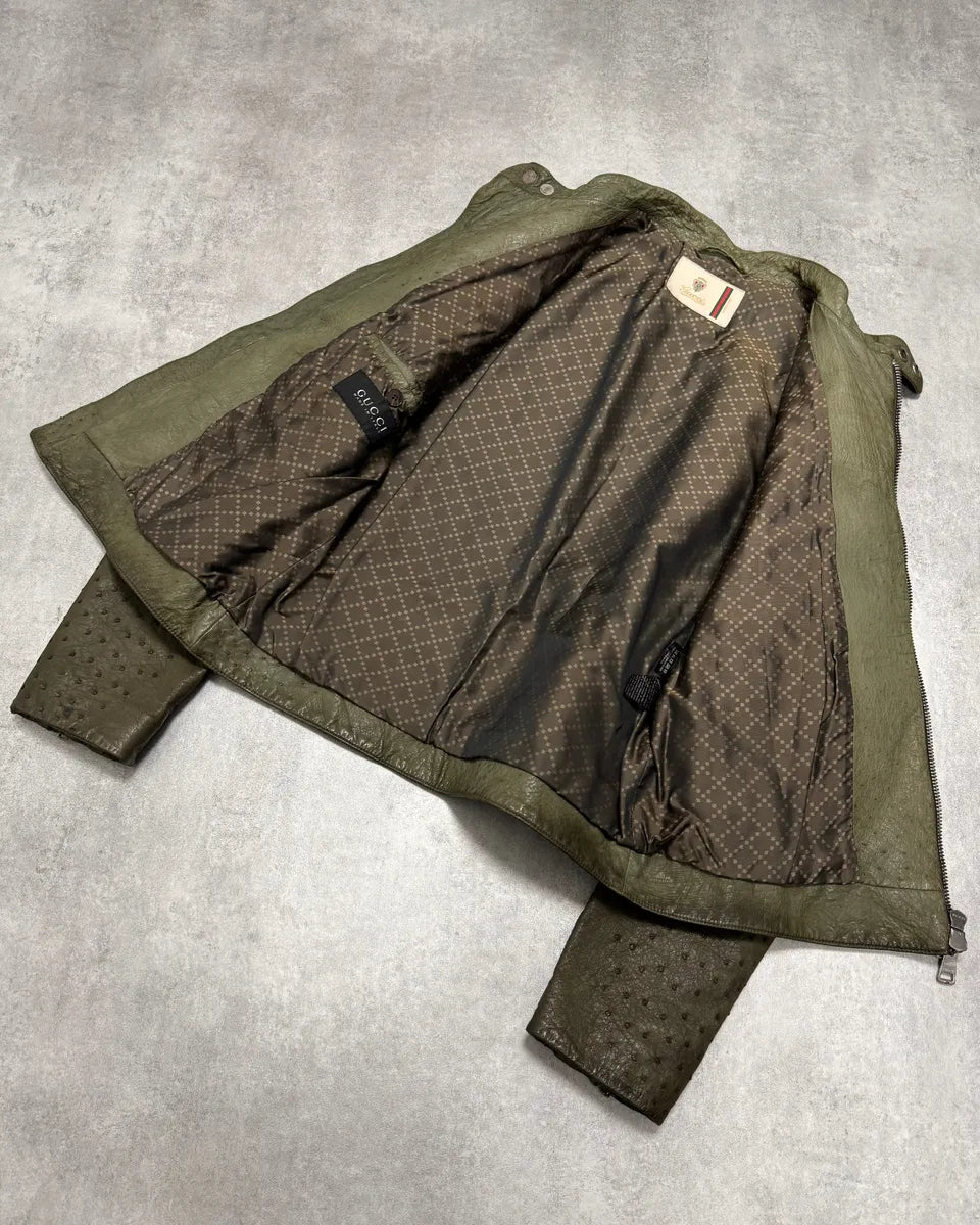 FW2011 Gucci Olive Ostrich Leather Biker Jacket rwqxOxy 3