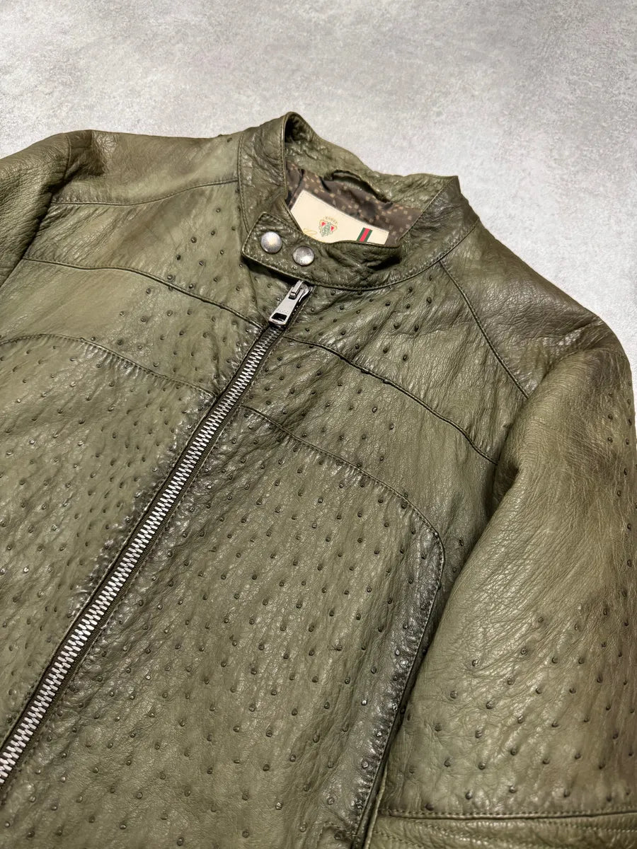 FW2011 Gucci Olive Ostrich Leather Biker Jacket rwqxOxy 4