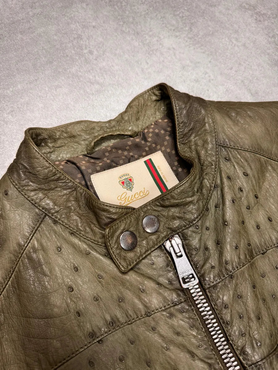 FW2011 Gucci Olive Ostrich Leather Biker Jacket rwqxOxy 5