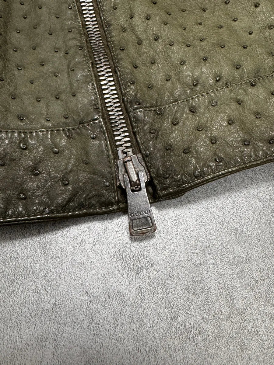 FW2011 Gucci Olive Ostrich Leather Biker Jacket rwqxOxy 7