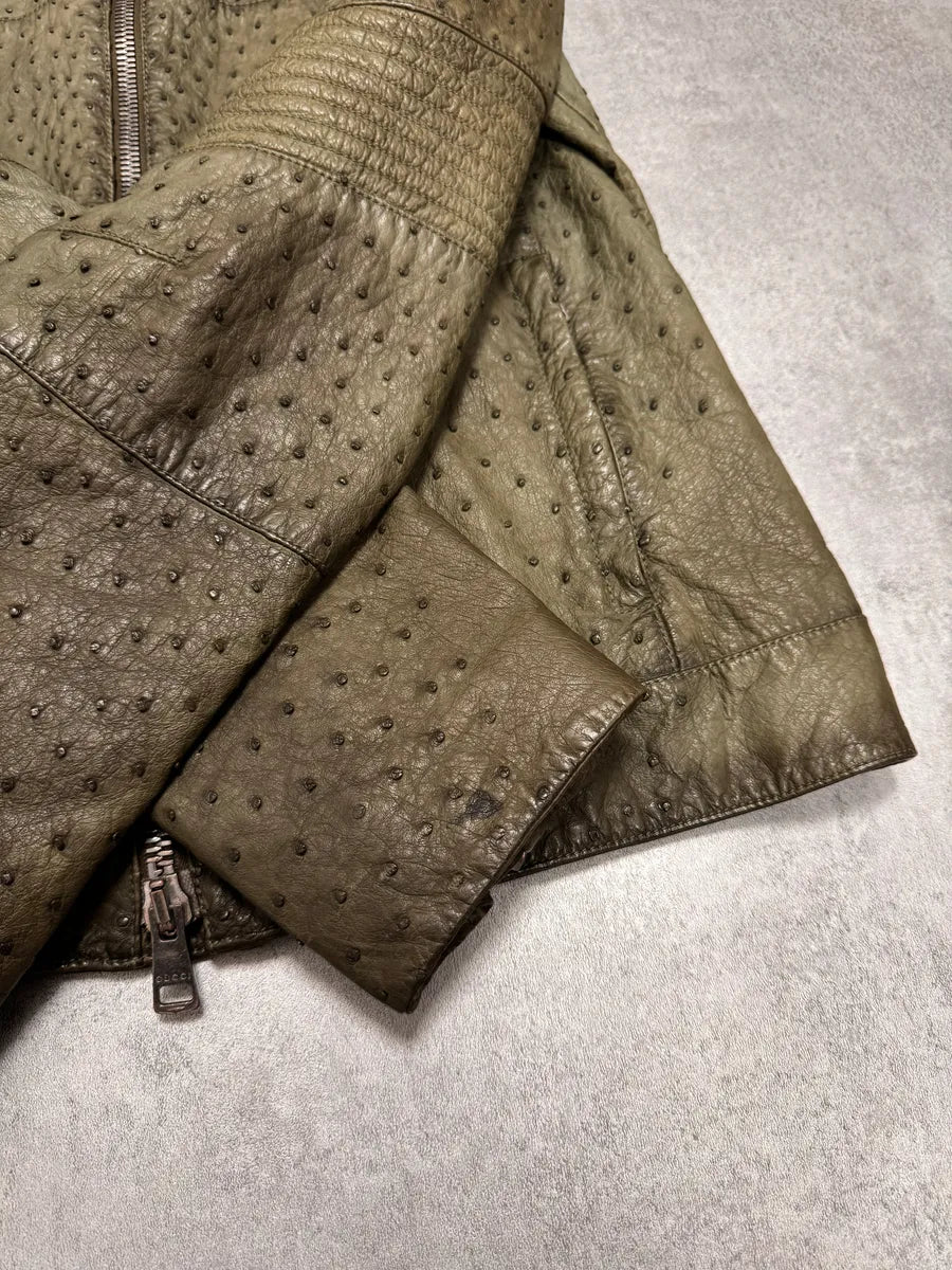 FW2011 Gucci Olive Ostrich Leather Biker Jacket rwqxOxy 8