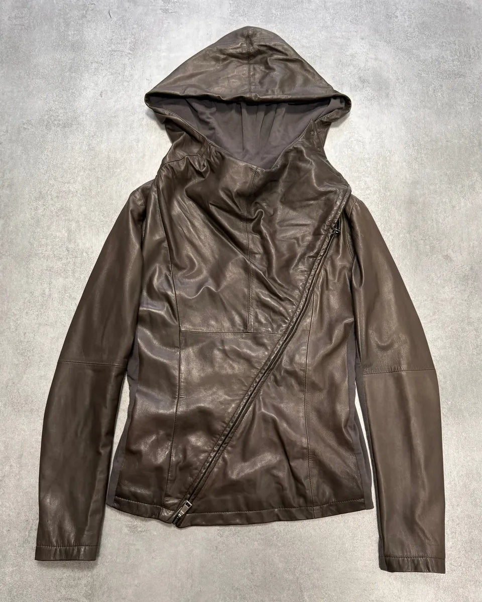 FW2012 Emporio Armani Brown Hooded Leather Jacket gSPvzHj 0