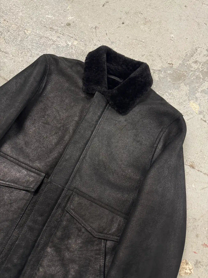 FW2012 Emporio Armani Shearling Black Leather Jacket mfwzFCB 2