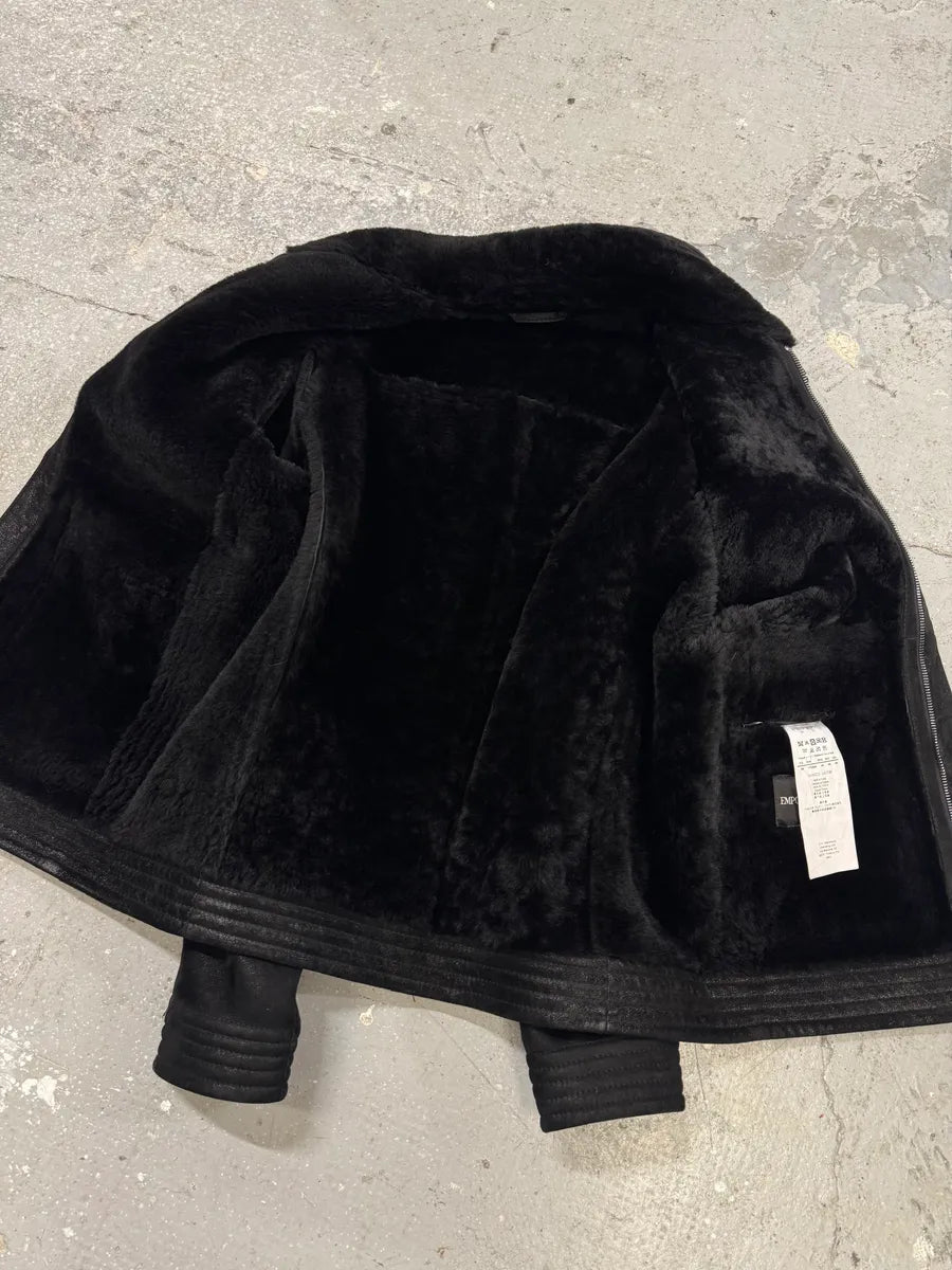 FW2012 Emporio Armani Shearling Black Leather Jacket mfwzFCB 5