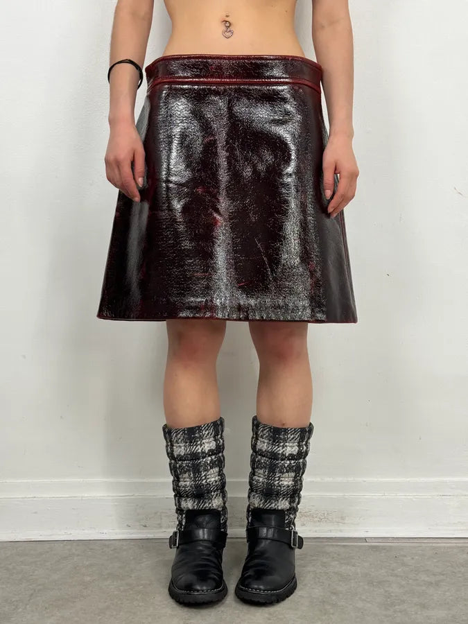 SS2020 Miu Miu Burgundy Leather Metallic Mini Skirt DzItSoK 1