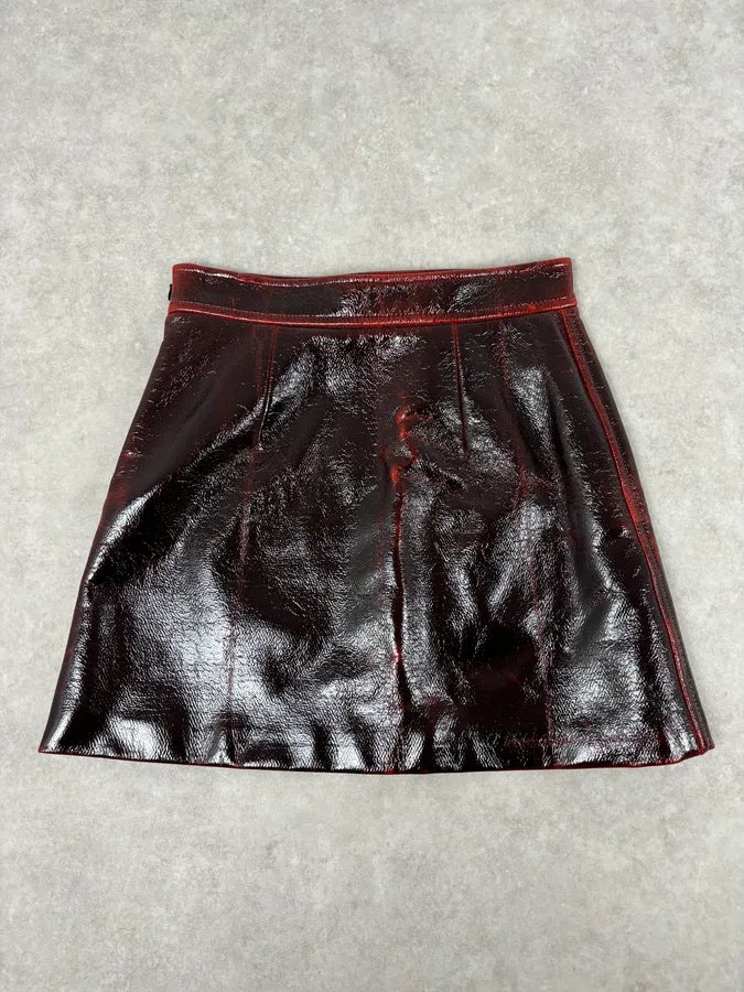 SS2020 Miu Miu Burgundy Leather Metallic Mini Skirt DzItSoK 0