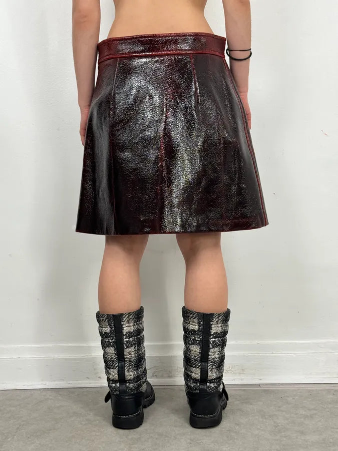 SS2020 Miu Miu Burgundy Leather Metallic Mini Skirt DzItSoK 3