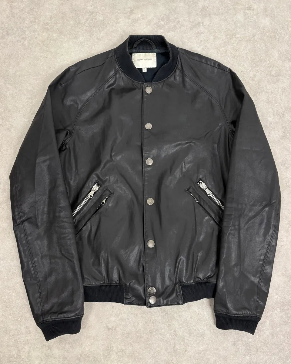 FW2012 Pierre Balmain Buttoned Waxed Black Bomber Jacket XWWquSU 0