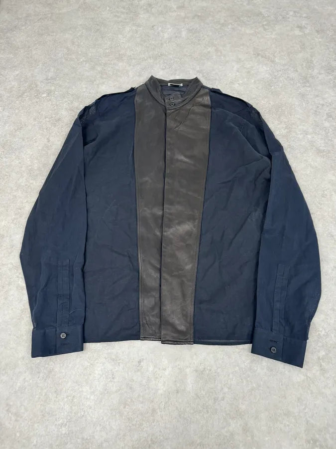 FW2012 Saint Laurent Hybride Navy & Black Leather Shirt gBfRqKr 0