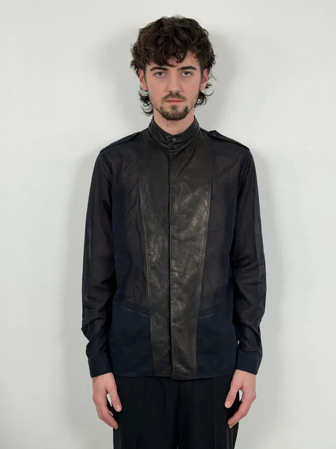 FW2012 Saint Laurent Hybride Navy & Black Leather Shirt gBfRqKr 1