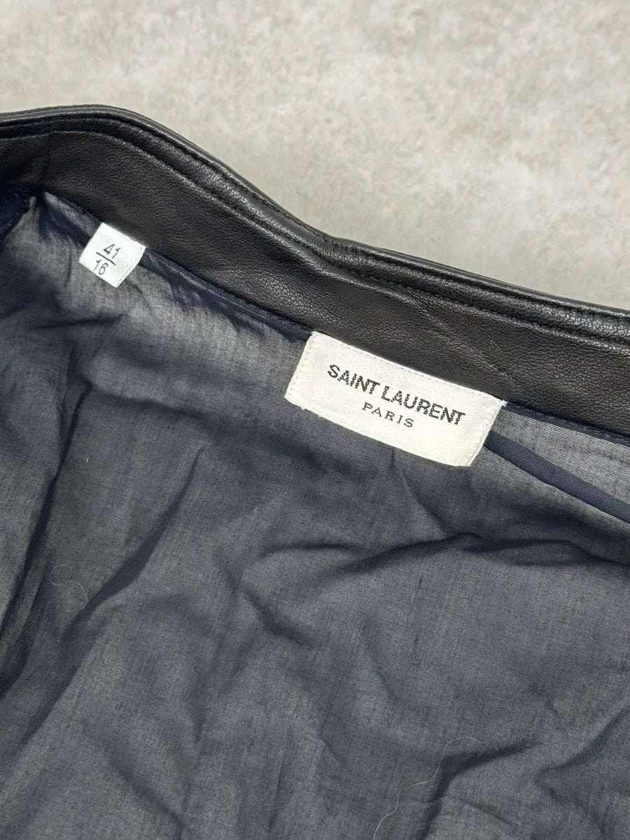 FW2012 Saint Laurent Hybride Navy & Black Leather Shirt gBfRqKr 8