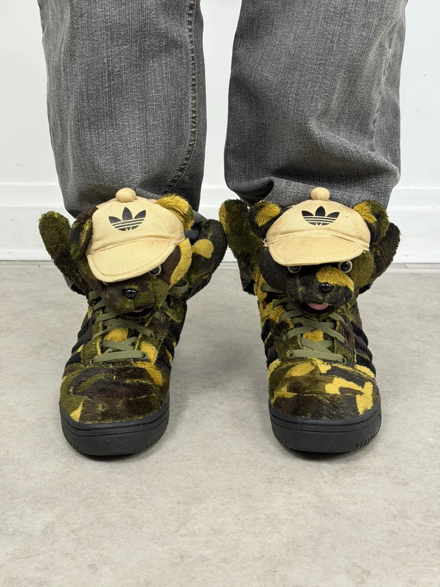 FW2013 Adidas x Jeremy Scott Khaki Plush Camo Bear Sneakers fFXnebz 4