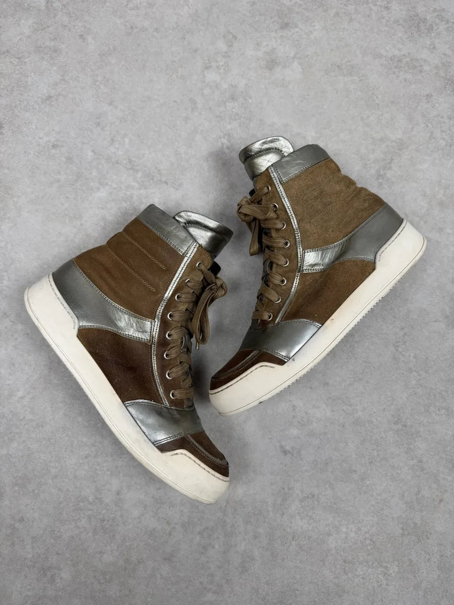 FW2013 Balmain Brown & Silver High Suede Leather Sneakers EIvpdLh 0