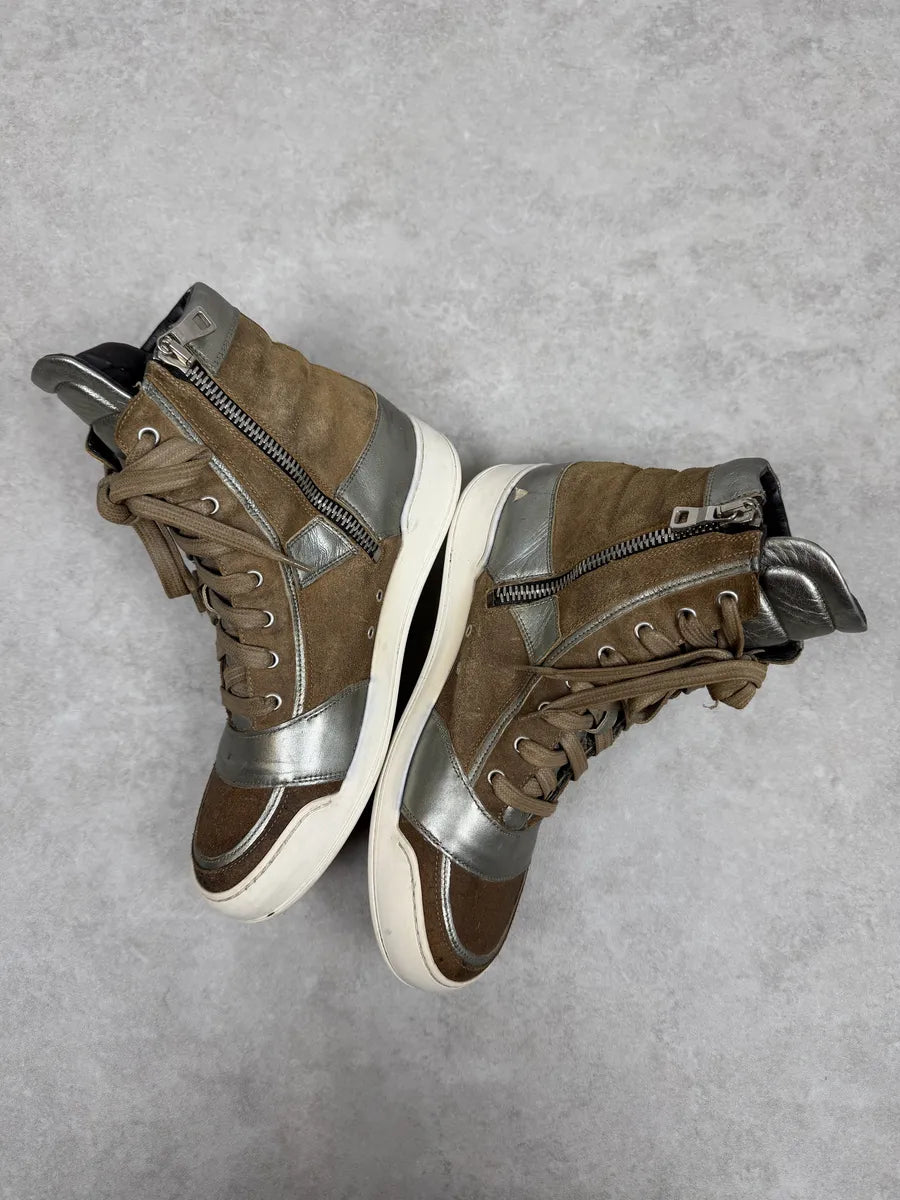 FW2013 Balmain Brown & Silver High Suede Leather Sneakers EIvpdLh 7