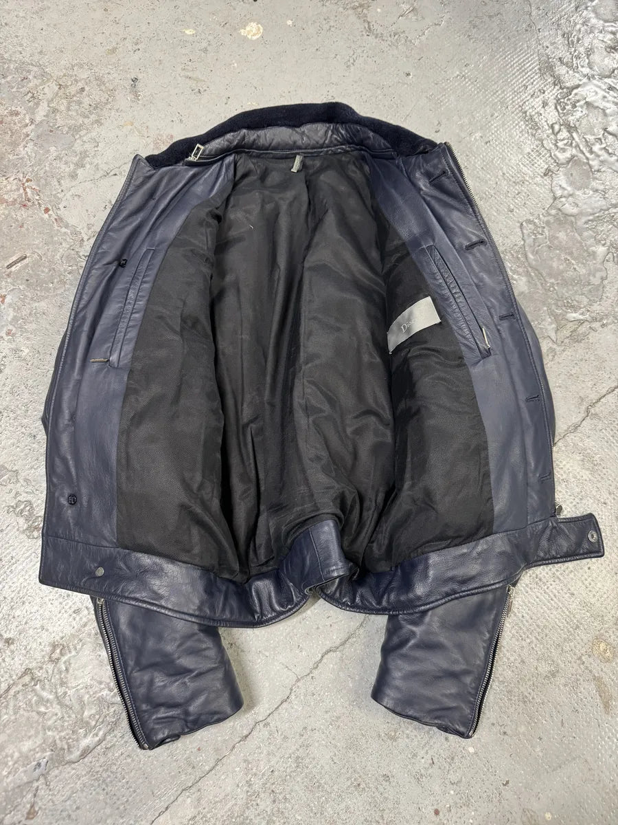 FW2013 Dior Navy Asymmetrical Lambskin Leather Bomber Jacket by Kris Van Assche IocPhZe 10