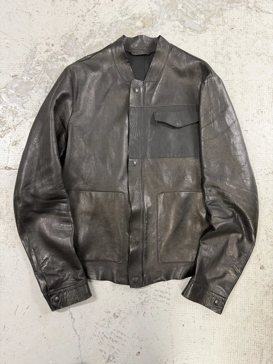 FW2013 Emporio Armani Avant-Garde Buttoned Black Leather Jacket fXqquHo 0