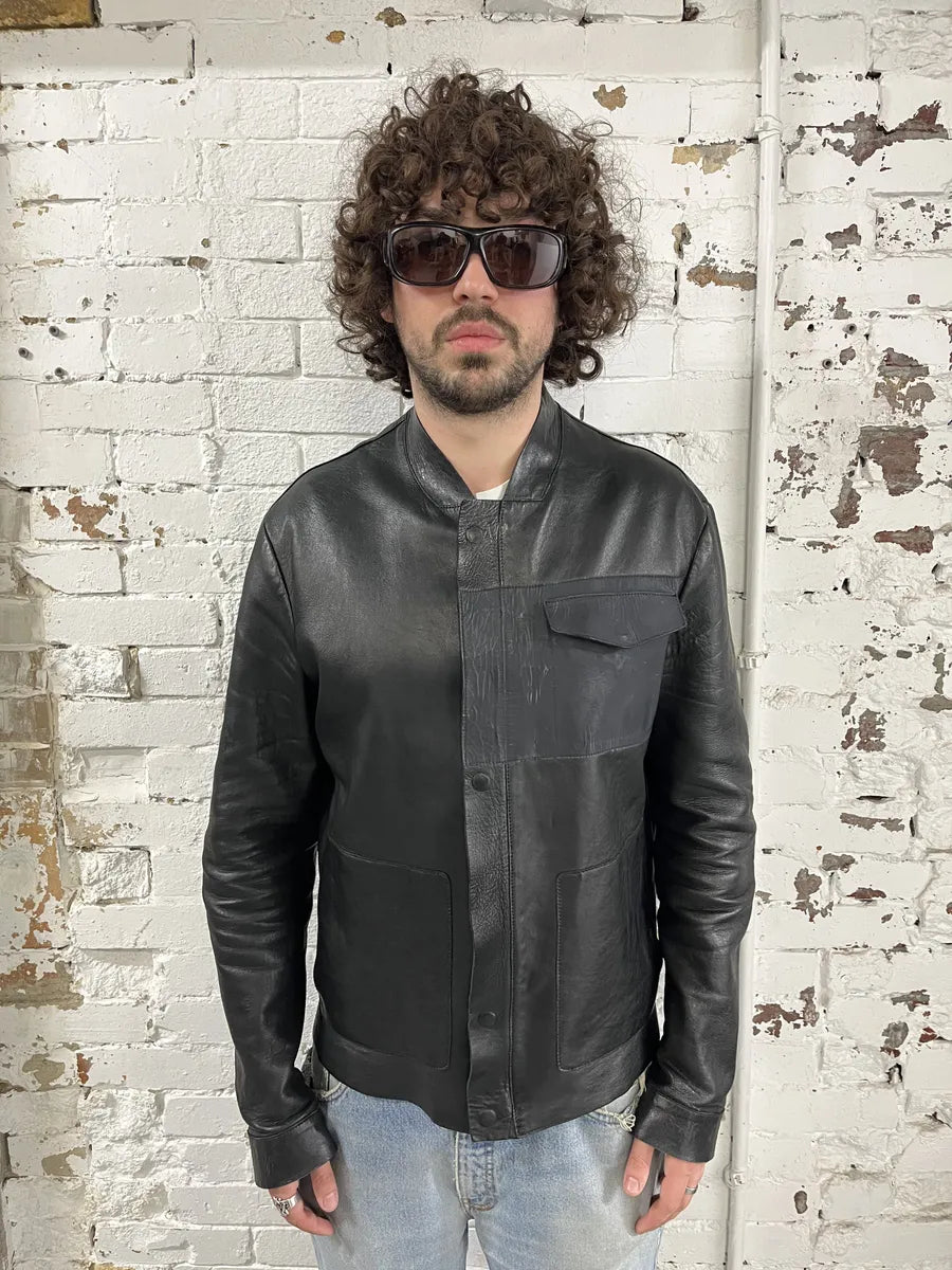 FW2013 Emporio Armani Avant-Garde Buttoned Black Leather Jacket fXqquHo 2