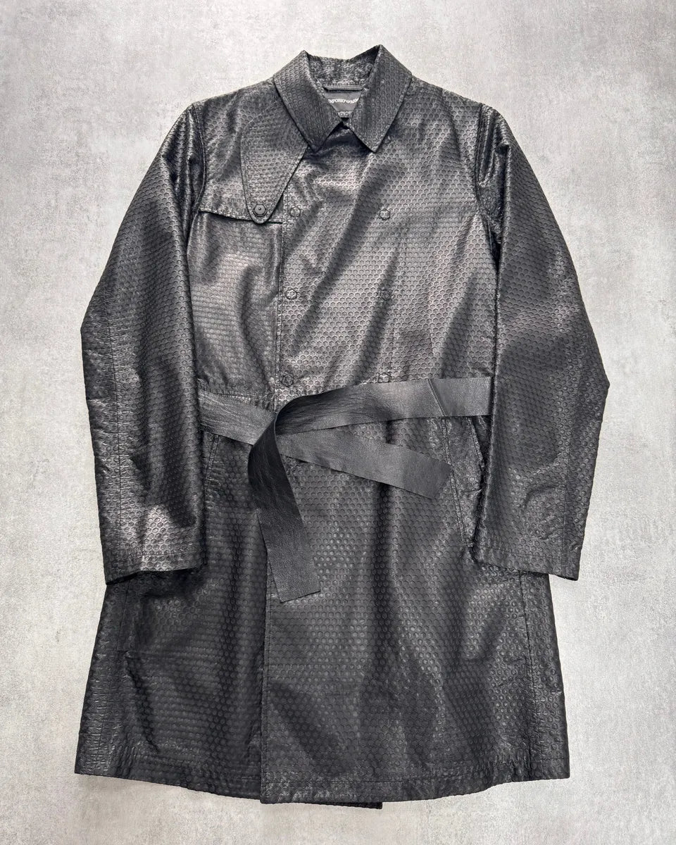 FW2013 Emporio Armani Honeycomb Black Leather Trench Coat ncdLAhT 0