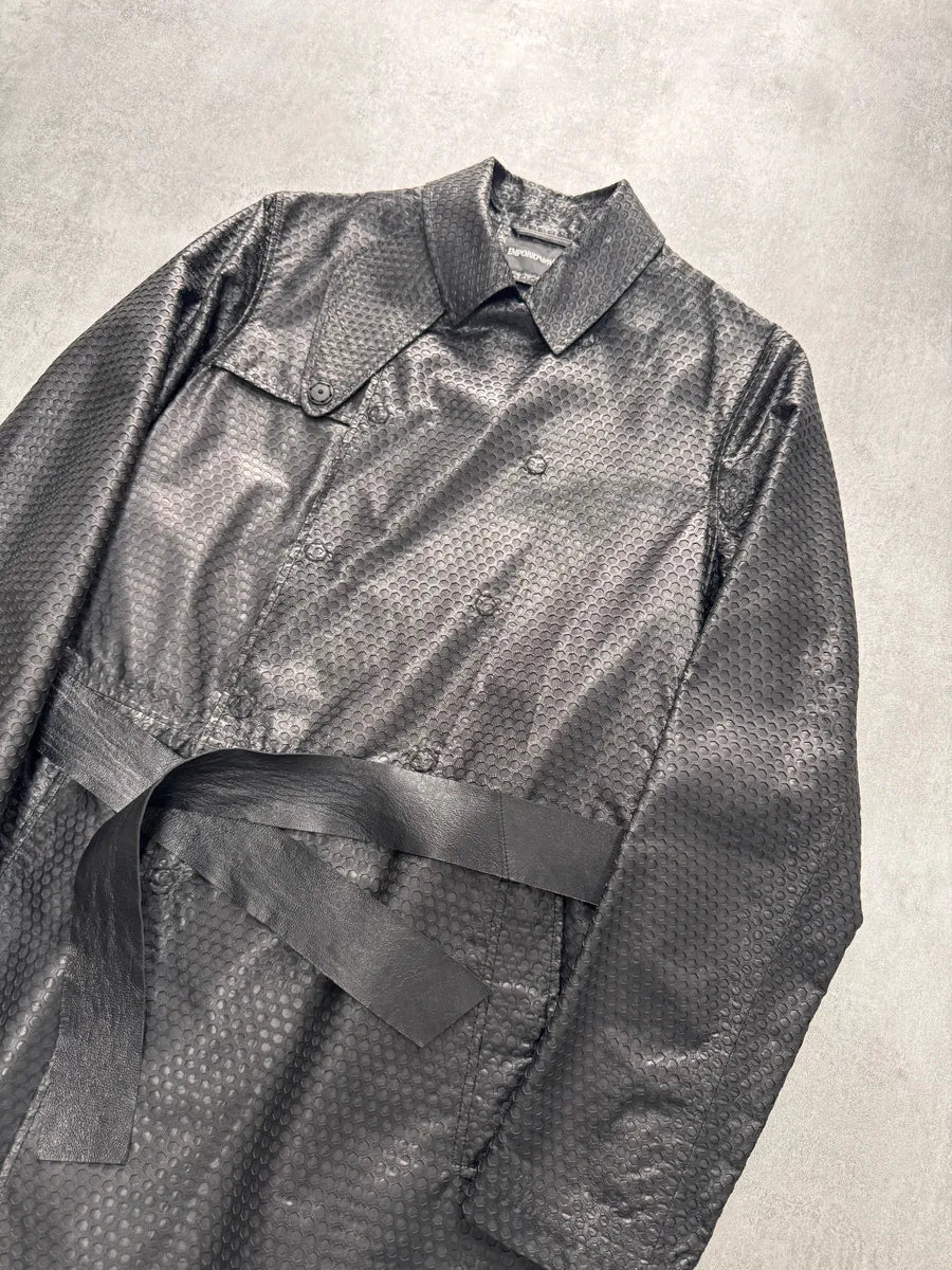 FW2013 Emporio Armani Honeycomb Black Leather Trench Coat ncdLAhT 1