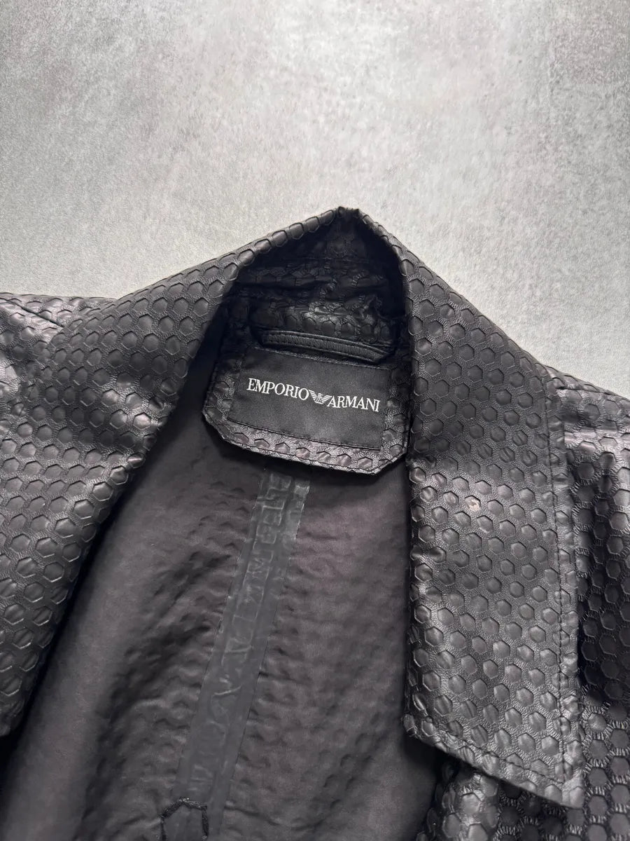 FW2013 Emporio Armani Honeycomb Black Leather Trench Coat ncdLAhT 4