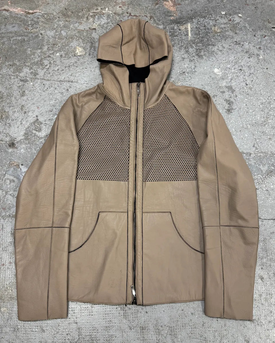 FW2013 Emporio Armani Hooded Beige Grey Leather Jacket (M) XPnVqKV 0