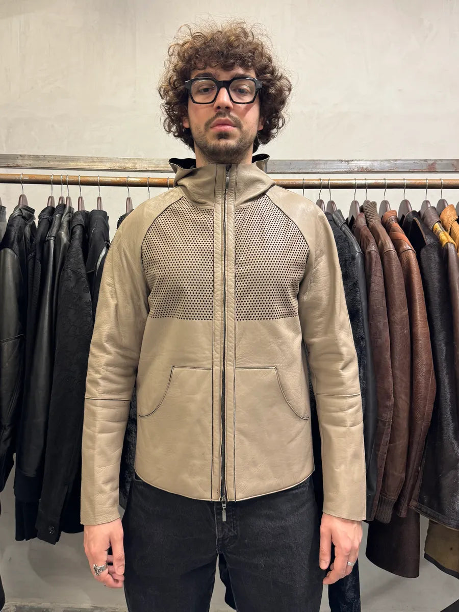 FW2013 Emporio Armani Hooded Beige Grey Leather Jacket (M) XPnVqKV 1