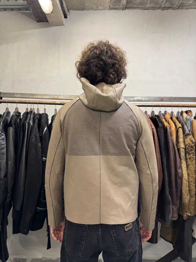 FW2013 Emporio Armani Hooded Beige Grey Leather Jacket (M) XPnVqKV 2