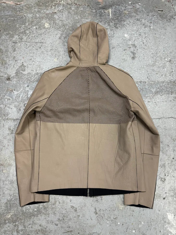 FW2013 Emporio Armani Hooded Beige Grey Leather Jacket (M) XPnVqKV 5