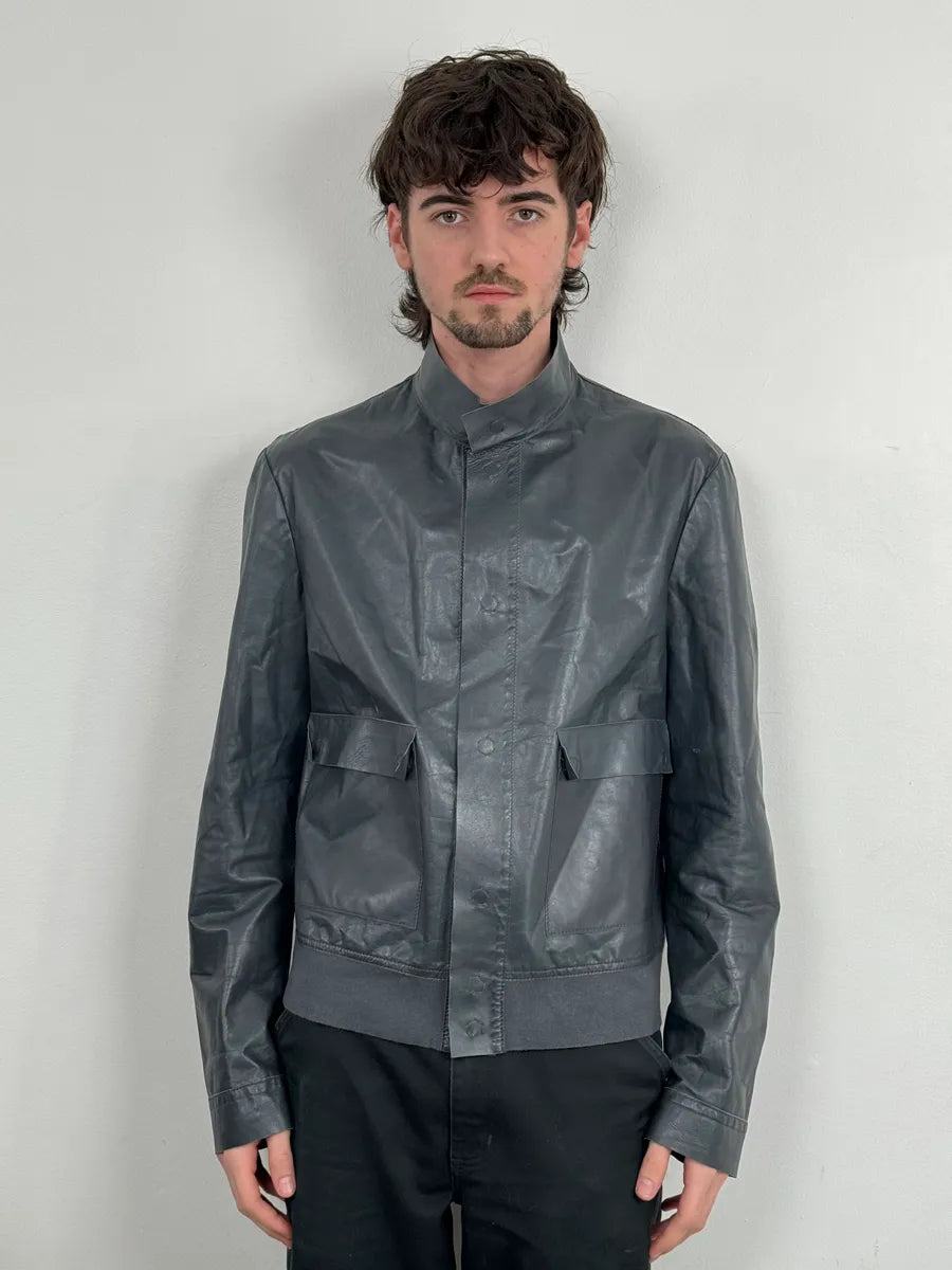 FW2013 Emporio Armani Pure Grey Leather Jacket qGiMXJD 1