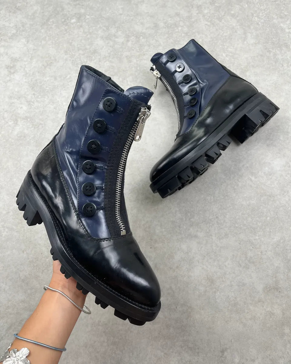 FW2013 Miu Miu Navy & Black Leather Zip Buttoned Combat Boots OcFzZyx 0