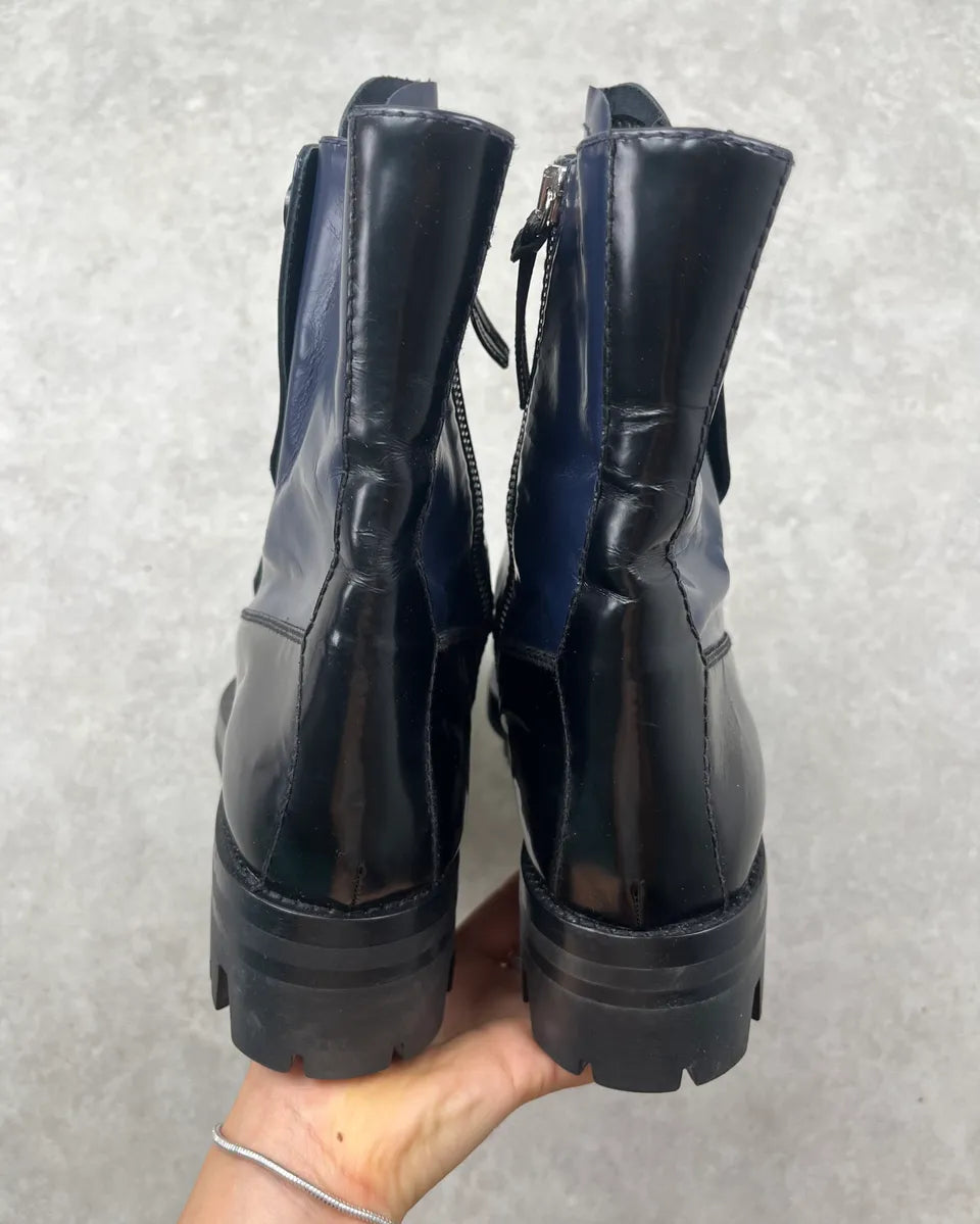 FW2013 Miu Miu Navy & Black Leather Zip Buttoned Combat Boots OcFzZyx 7