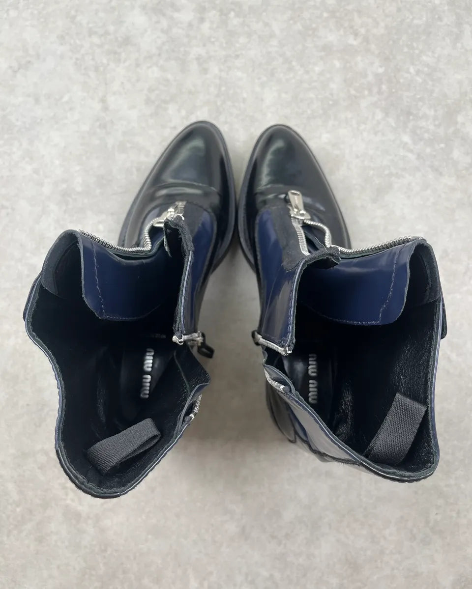 FW2013 Miu Miu Navy & Black Leather Zip Buttoned Combat Boots OcFzZyx 8
