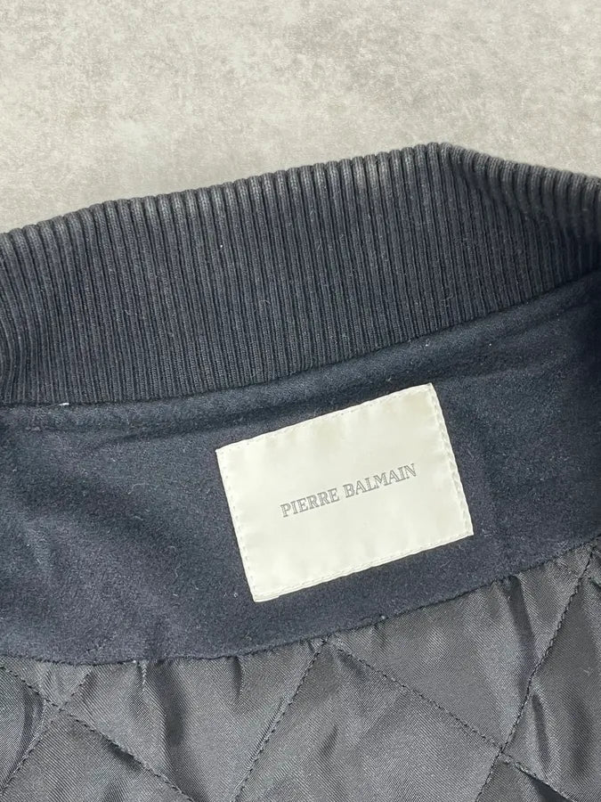 FW2014 Pierre Balmain Black Leather Studded Bomber Jacket BttVEkW 11