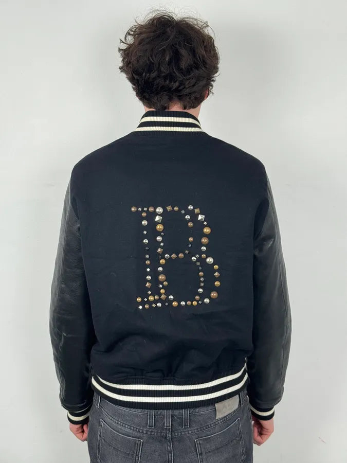 FW2014 Pierre Balmain Black Leather Studded Bomber Jacket BttVEkW 3