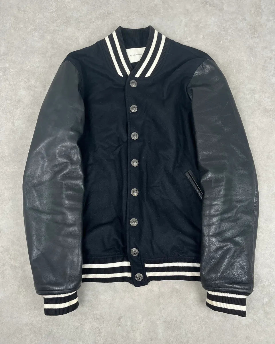 FW2014 Pierre Balmain Black Leather Studded Bomber Jacket BttVEkW 4