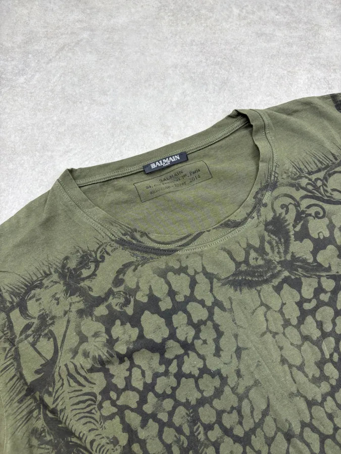 FW2014 Balmain Olive Jungle Abstract Floral T-Shirt wiMnEZa 4