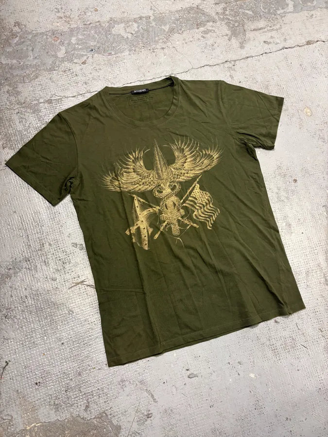 FW2014 Balmain Olive Winged Eagle T-Shirt loNGpYy 3